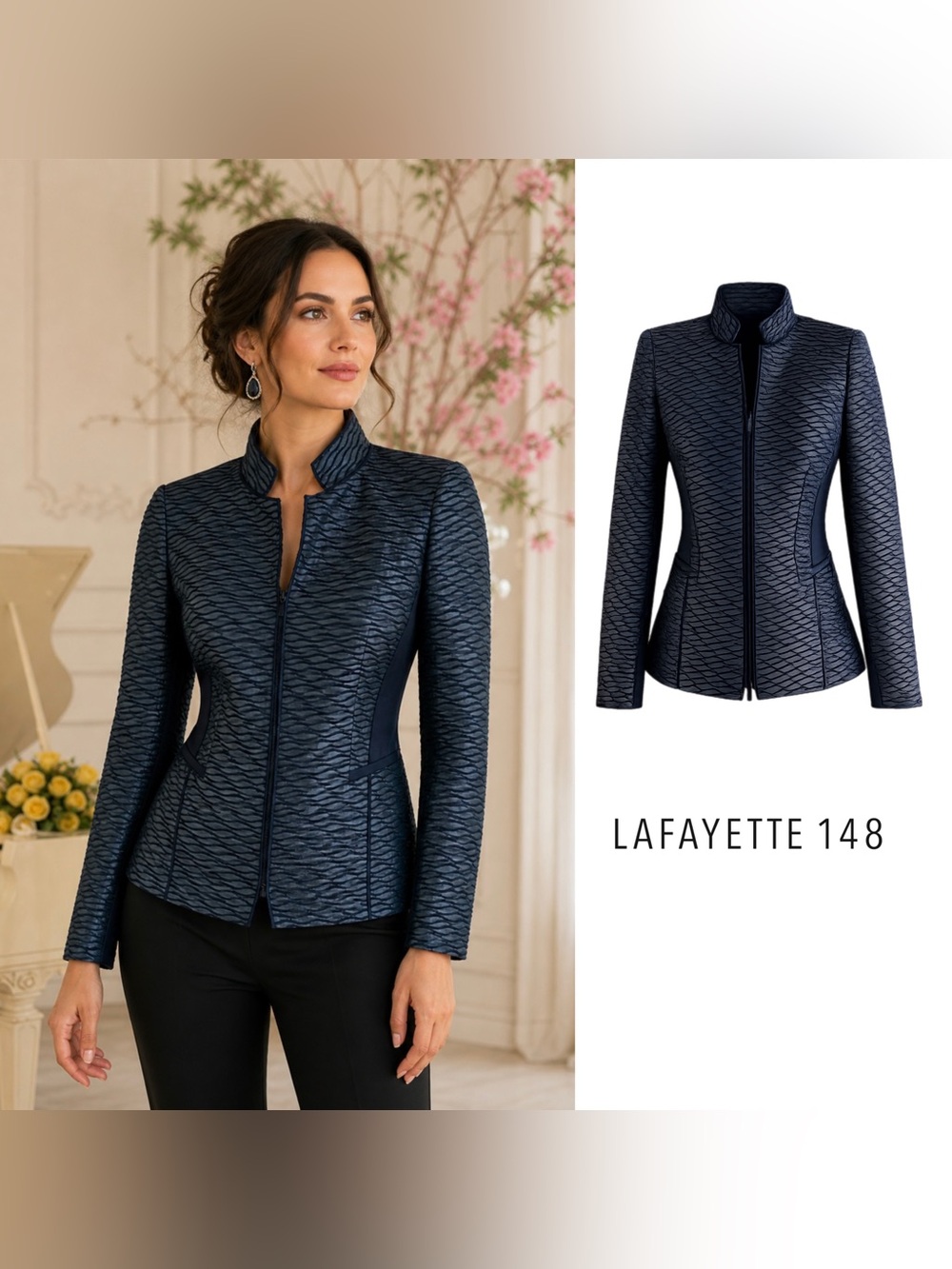 Lafayette 148 New York Navy Textured Zip Jacket